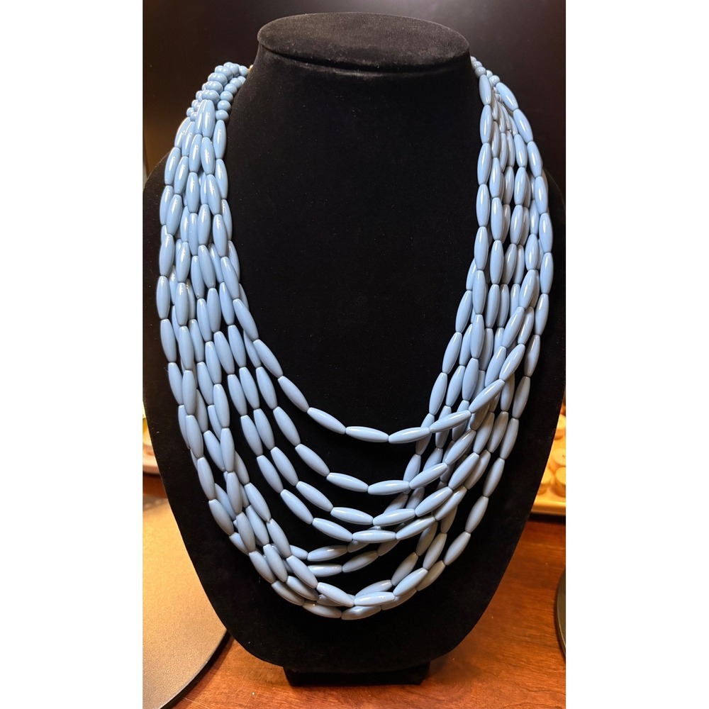 Smoky Blue Statement Necklace Women's Preppy Blue Multi-Strand Rice Bead Layered